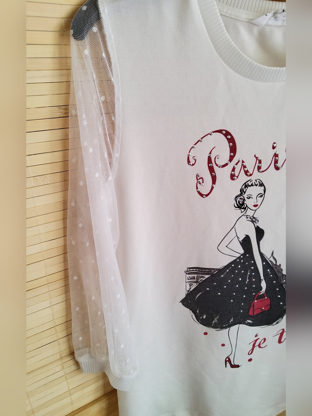 Kiss And Fly White Paris Graphic Top with Sheer Polka Dot Sleeves - Picture 2 of 6
